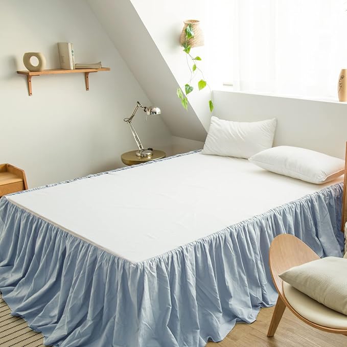 BISELINA French Linen Bed Skirt with Pleated Frills 22-Inch Tailored Drop Natural Flax Cotton Blend Dust Ruffle Soft Cozy Farmhouse Bedding (22" King, Dusty Blue)