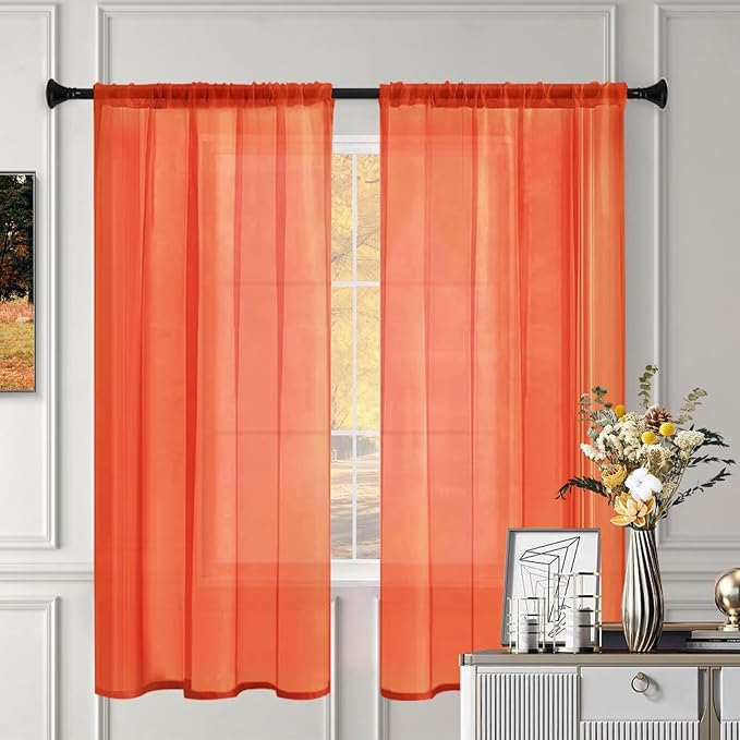 Sheer Curtains 54 Inches Long 2 Panels, Rod Pocket Short Curtain for Kitchen, Bedroom, Cafe Window(Burnt Orange 38" W x 54" L)