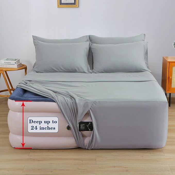 Air Mattress Sheet Set for 16-24 Inch Air Beds Twin Size,Deep Pocket Fitted Sheet with Inflation Opening,Soft & Breathable, for Guests, Camping, RVs, Includes Pillowcase Flat Sheet Fitted Sheet,Gray