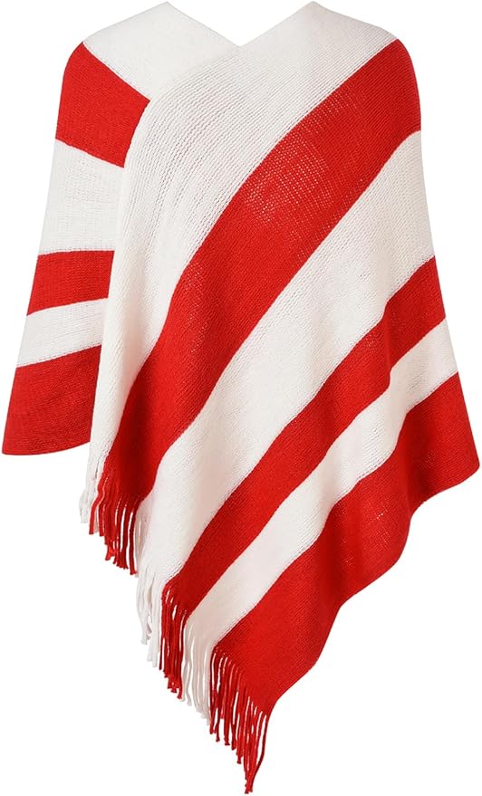 Ferand Women's Striped Poncho Sweater Cozy Knit Fringe Shawl Wraps for Fall Winter