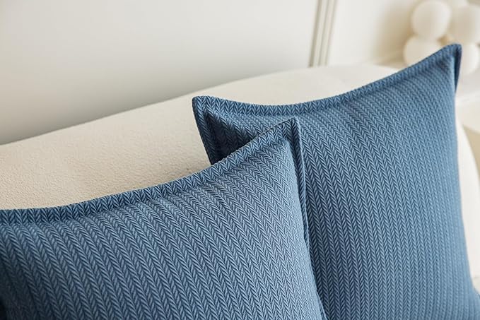 Set of 2 Herringbone Patterned Flange Throw Pillow Covers for Couch and Bed - 20"x20", Steel Blue