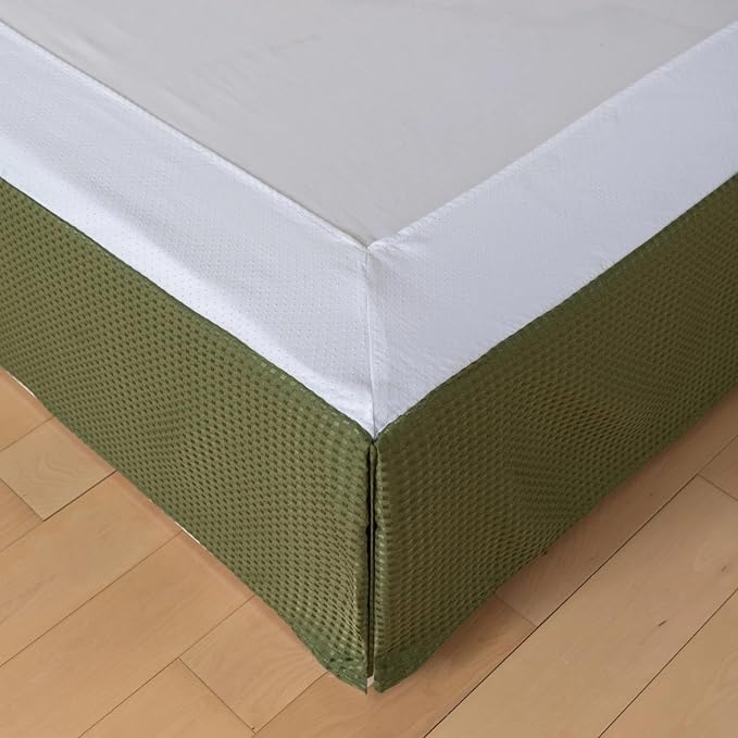 King Bed Skirt, Wrap Around Bed Skirt with Pleated Corner, 14 Inch Drop Pleated Waffle Weave Bedskirts, Anti-Slip, Microfiber, Green, 14'' King