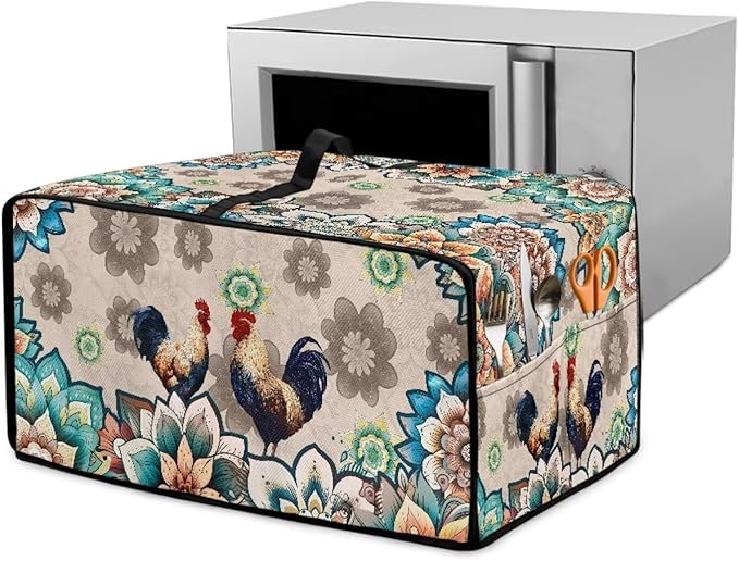 Rooster Boho Mandala Floral Print Microwave Oven Dust Cover Polyester-Linen Fabric Microwave Oven Cloth Cover Universal Case Protections Protector with Storage Bags, S