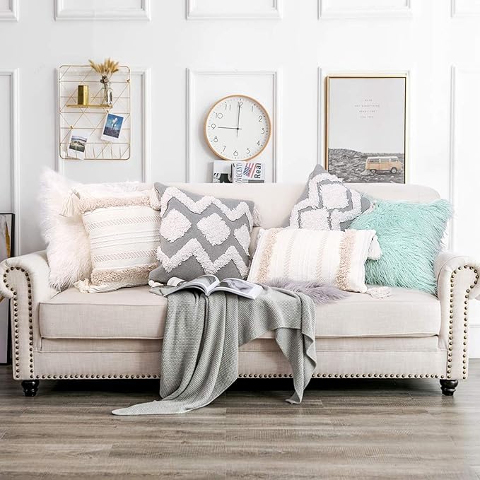 OJIA Boho Decorative Throw Pillow Cover, 20 x 20 Farmhouse Cute Pillowcase Minimalist Neutral Collection Cream White Tufted with Tassels Woven Square Cushion Cover for Sofa Couch Bedroom Living Room