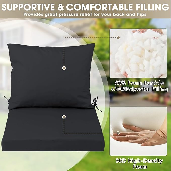 Outdoor Seat Cushion Set 22 x 22 In, Water-Resistant & Fade-Resistan, Patio Furniture Cushions with Removable Cover Deep Seat & Back Cushion with Handle and Adjustable Straps for Chair Sofa,2PC