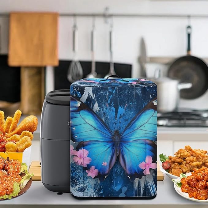 Air Fryer Dust Cover for Kitchen Appliance and Extra Accessories, Stain Resistant Washable Dust Covers with Storage Pockets Kitchen Decor, Blue Butterfly Flower
