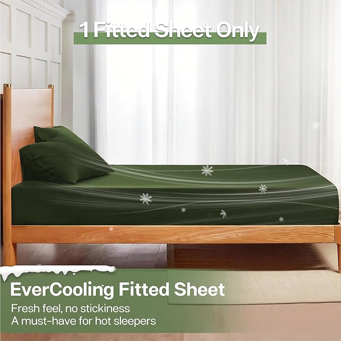 MR&HM Twin Fitted Sheet Only, Ultra-Soft Rayon Derived from Bamboo & Polyester Blend, Silky & Breathable, 15" Deep Pocket with Elastic Straps, Cooling Fitted Sheet for Hot Sleepers, Olive Green