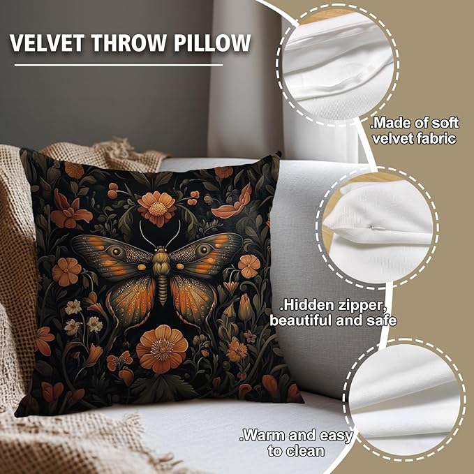 William Morris Abstract Vintage Floral Velvet Butterfly Design Throw Pillow Covers Home Decor, Retro Art Deco Pillowcase Cushion Cover for Bed Sofa Living Room, Square 18x18inch (Orange-Butterfly)