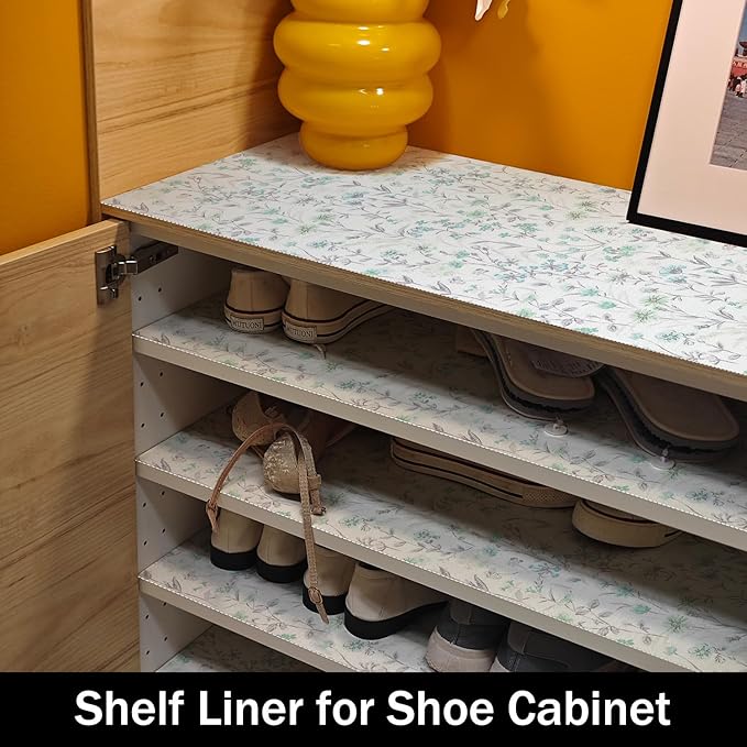 Blue and Green Floral Shelf Liners Non Adhesive and Strong Non-Slip Shelf and Drawer Liners for Kitchen Cabinet Wire Fridge, Waterproof Shelf Drawer Liner,Easy to Clean,12IN x 10FT