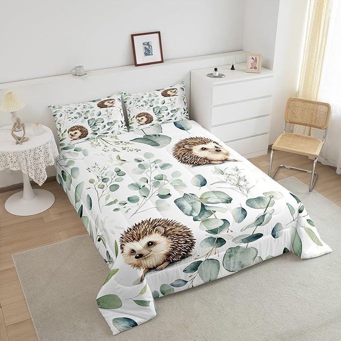 Erosebridal Cute Hedgehog Toddler Comforter Set for Kids Child Green Eucalyptus Bedding Set, Woodland Animal Bedding Comforter Sets Plant Leaves Duvet Set, Cartoon Wildlife Quilted Comforter