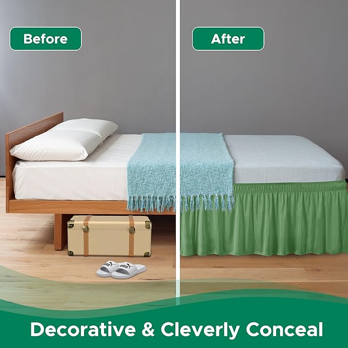 Biscaynebay Wrap Around Bed Skirts for Queen Beds 16" Drop, Sage Adjustable Elastic Dust Ruffles Easy Fit Wrinkle Resistant Silky Luxurious Fabric Machine Washable