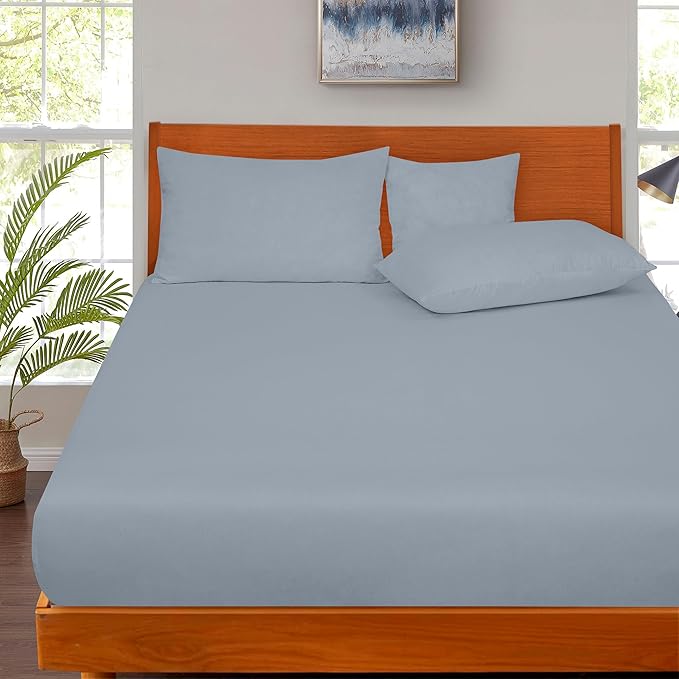 ROYALE LINENS 300 Thread Count 100% Long Staple Combed Cotton Fitted Sheet Queen - Super Soft Deep Pocket Bottom Sheet - Fitted Sheets Only - Elastic Sheets (Queen, Lake Blue)