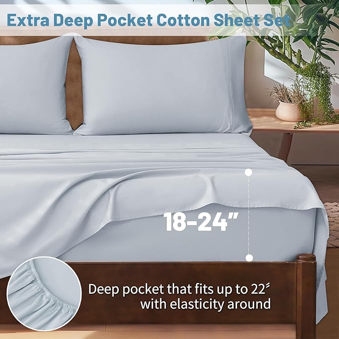 Extra Deep Pocket Queen Sheets 18-24 Inch 100% Egyptian Cotton 1000 Thread Count Sateen Weave Soft Breathable 4 Pieces（Queen,Light Blue）