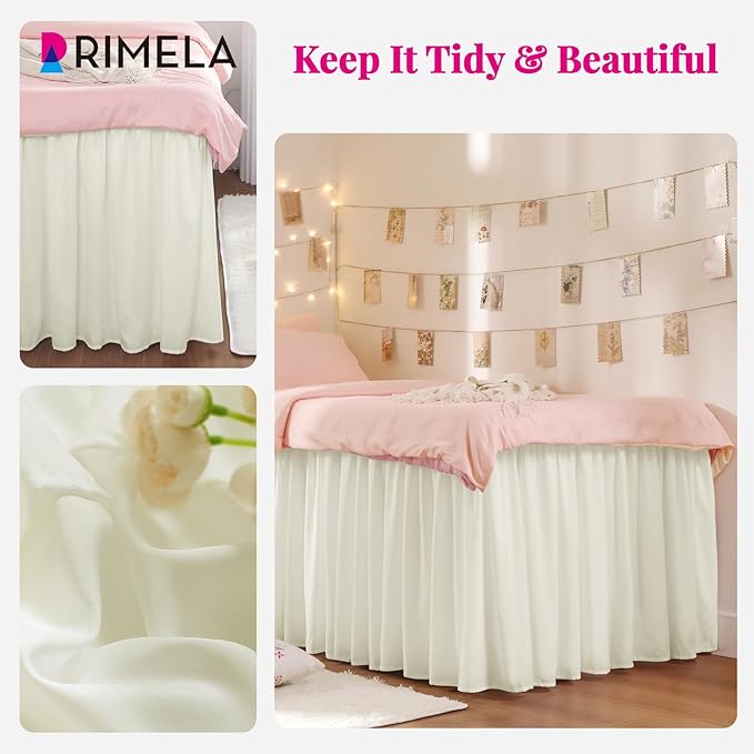 RIMELA Dorm Bed Skirt Twin XL 42 Inch Drop, Easy to Install Extra Long Wrap Around Elastic Dust Ruffle, Cream Bedskirt Silky Fabric Machine Washable (Twin XL 80“L x 39”W & Twin 75“L x 39”W)