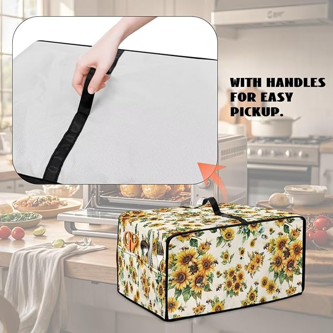 Sunflower Bee Print Toaster Oven Cover Dust-Proof Microwave Oven Cloth Cover with Storage Pockets Foldable Kitchen Machine Covers Case Protections Protector, S