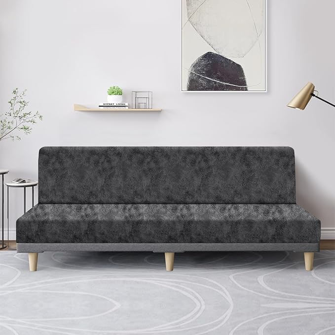 molasofa Leather Like Stretch Futon Slipcover Armless Futon Bed Sofa Cover Furniture Protector with Elastic Bottom, Soft and Washable Futon Cover for Sofa Bed Stay in Place（Larger，X Light Grey）