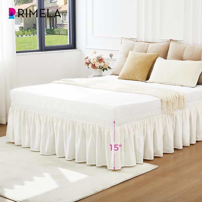 RIMELA Warm White Bed Skirt King Size 15 Inch Drop, Wrap Around Elastic Adjustable Bedskirt, Bed skirting Dust Ruffle for Bed Frame & Box Spring Soft Durable Fabric Machine Washable Easy to Install