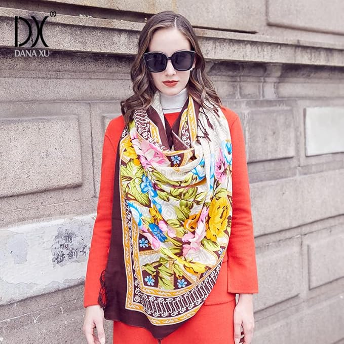 DANA XU 100% Merino Wool Pashmina Shawl for Women 96"x43", Oversized Cashmere Wrap with Tassels, Floral Travel Blanket Cape