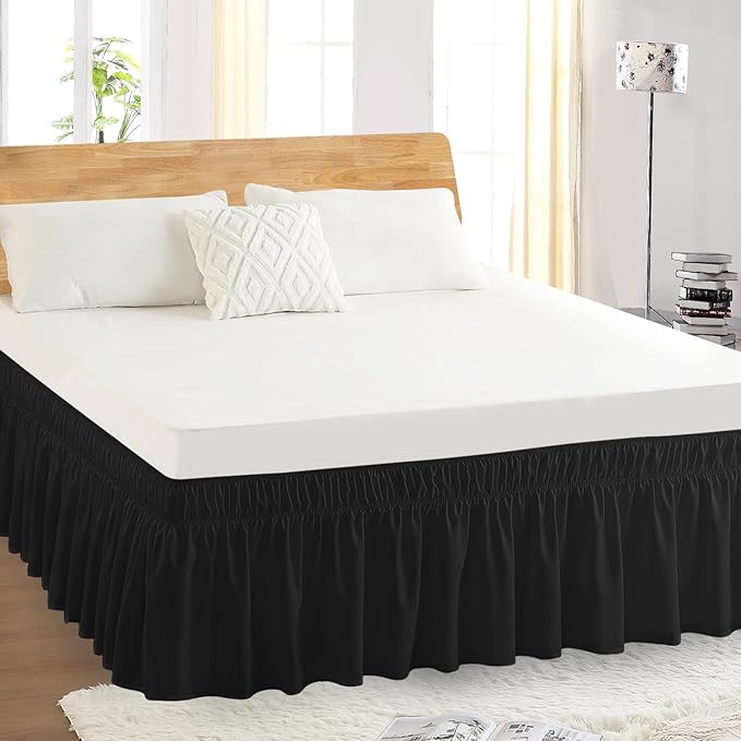 Full Bed Skirt, Elastic Wrap Around Bed Skirt Full Size, Bed Skirts for Adjustable Bed, Easy Fit with 14" Drop Length Tailored Drop Dust Ruffle (Black)