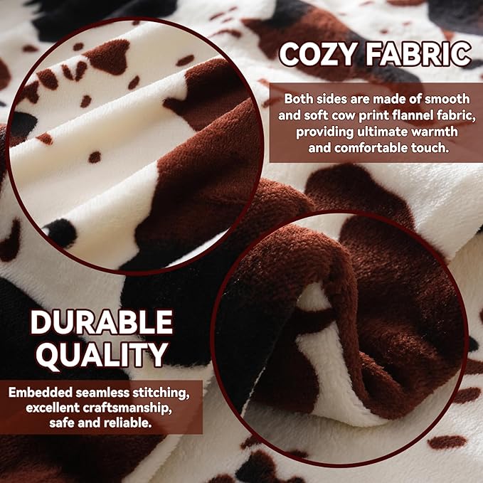 Cow Print Heated Electric Blanket Soft Western 60" x 50" Heating Blanket Cozy Throw Fast Heating 1-10H Auto-Off 8 Heat Level Over-Heat Protection Double Sided Cow Printing