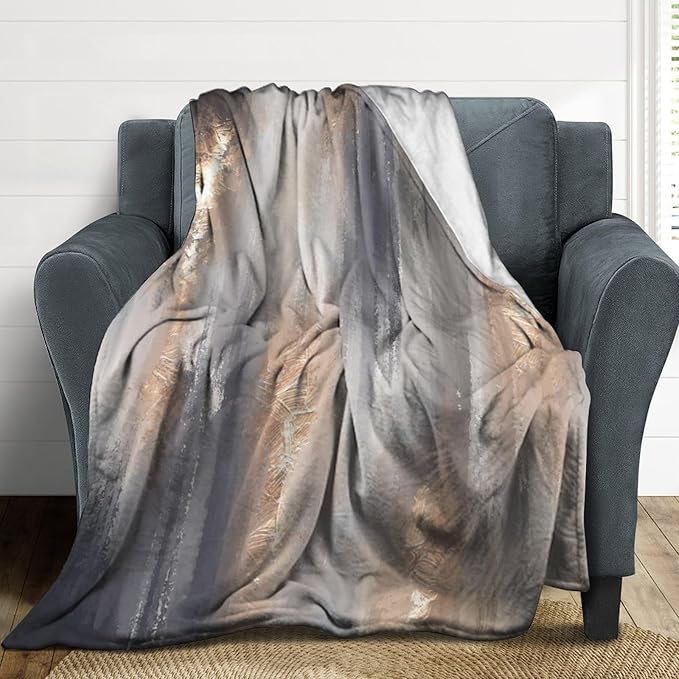 Abstract Gradient Blanket, Modern Fashion Baroque Gold Grey Painting Strokes Pattern Soft Warm Cozy Plush Flannel Covers for Livingroom Bedroom Couch Chair Camping Travel Home Decor Tapestry 50x60in