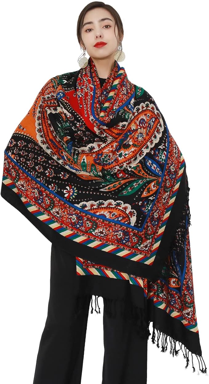 DANA XU 100% Merino Wool Pashmina Shawl for Women 96"x43", Oversized Cashmere Wrap with Tassels, Floral Travel Blanket Cape