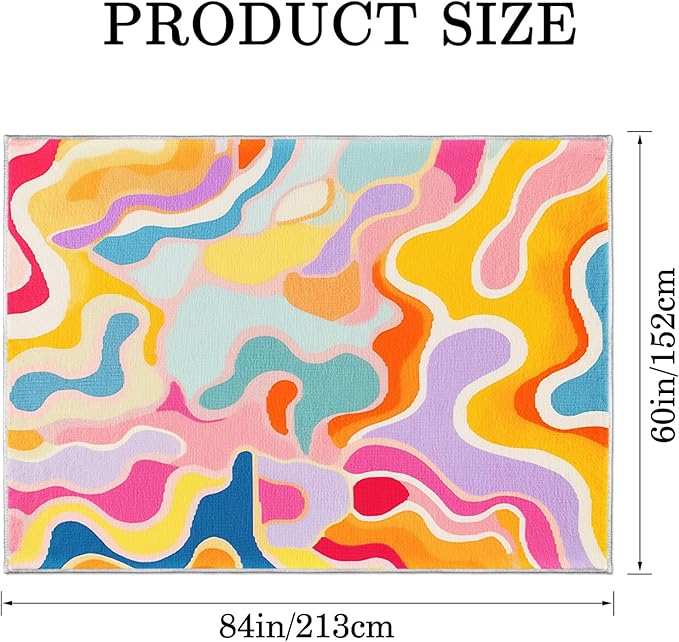 9CH Colorful Abstract Area Rug 7' X 5' 70s Aesthetic Colorful Striped Washable Faux Wool Rugs Non Slip Soft Cute Nursery Carpet for Girls Bedroom Dorm
