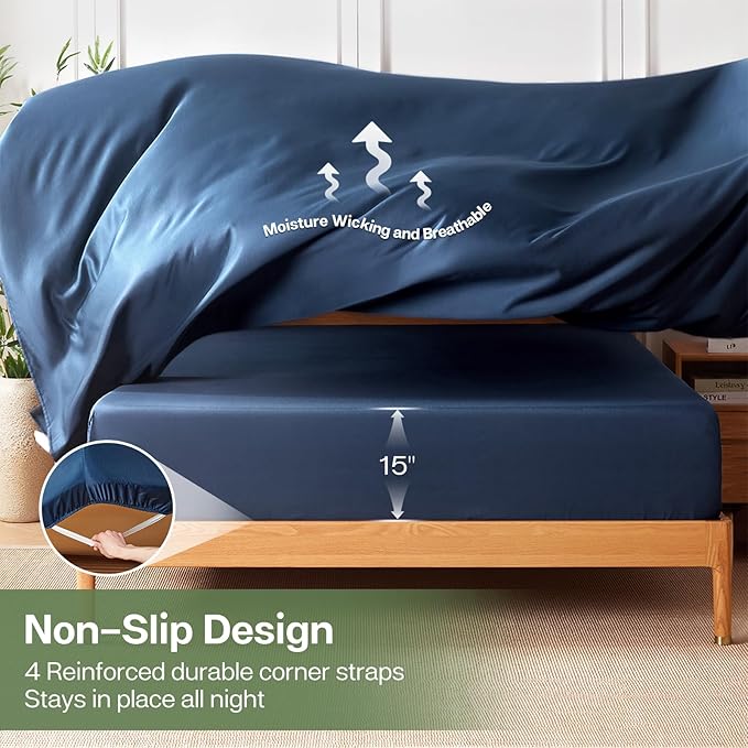 MR&HM California King Fitted Sheet, Ultra-Soft Rayon Derived from Bamboo & Polyester Blend, Silky & Breathable, 15" Deep Pocket with Elastic Straps, Cooling Fitted Sheet for Hot Sleepers, Navy Blue