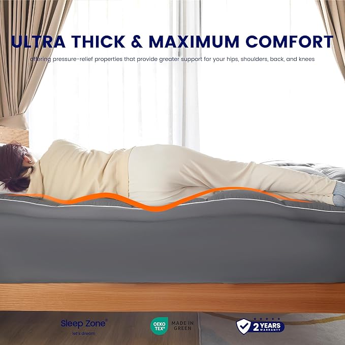 SLEEP ZONE Mattress Topper Twin XL Size, Extra Thick Fitted Mattress Pad for Back Pain, Plush and Support Mattress Cover, Deep Pockets Mattress Protector, Hotel Quality (Grey, Twin XL)