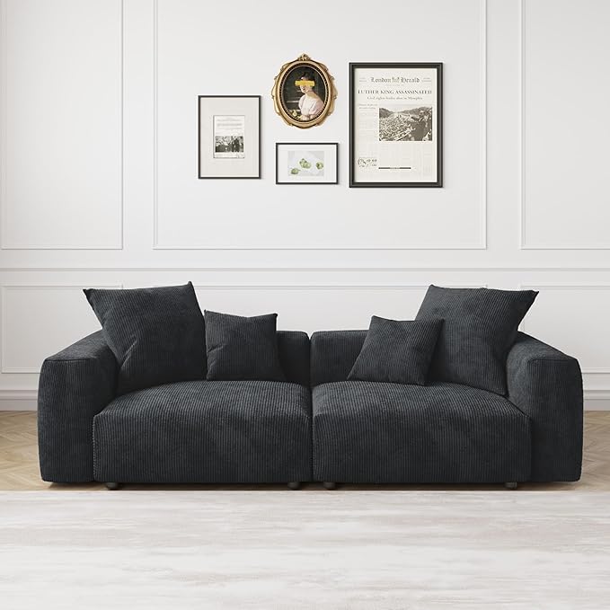 JACH 102" Corduroy Sectional Couch with 4 Pillows, Comfy Modular Sectional Sofa, Cushion Covers Removable, Oversized Love Seat Couches for Living Room, Office, Apartment, Black