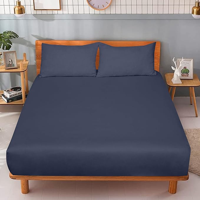ROYALE LINENS 300 Thread Count 100% Long Staple Combed Cotton Fitted Sheet Queen - Super Soft Deep Pocket Bottom Sheet - Fitted Sheets Only - Elastic Sheets (Queen, Navy)