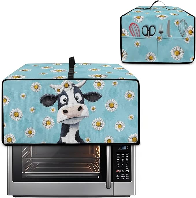 Air Fryer Toaster Oven Dust Cover with Side Pockets, Protective Smart Oven Cover for Kitchen Countertop Decorations, S, 14.5 x 18.5 x 9 Inches, Cow Daisy Light Blue