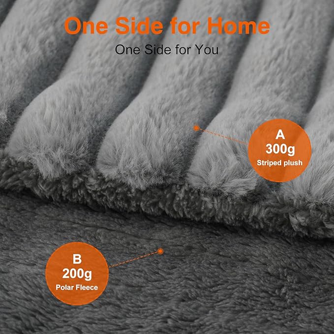 Heated Electric Blanket Throw: 6-Level Fast Heating, 4-Hour Auto-Off, Soft&Warm Stripe Faux Rabbit Fur, for Couch Home Office, with Overheating Protection & ETL Certified(50 x 60,Gray)