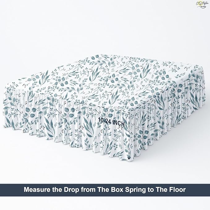 Cottington Lane Ruffled Bed Skirt King Size with Split Corner, Brushed Microfiber Hotel Quality Dust Ruffle, 15" Drop Gathered Bedskirt, Soft, Stylish, Shrink & Fade Resistant, Tranquil Green Petals