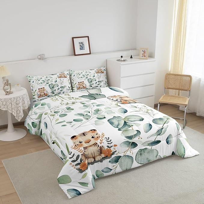 Erosebridal Kids Cute Animal Twin Comforter Set for Girls Boys Cartoon Tiger Bedding Set Twin, Spring Eucalyptus Bedding Comforter Sets Leaves Duvet Set, Kawaii Jungle Animal Quilted Comforter