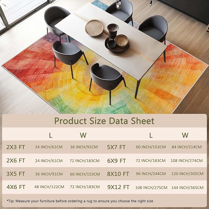 6x9 Colorful Area Rug Boho Sun Purple Red Orange Yellow Blue Green Rug Non Slip Low Pile Large Carpet for Home Kitchen Living Room Bedroom Dining Room Office
