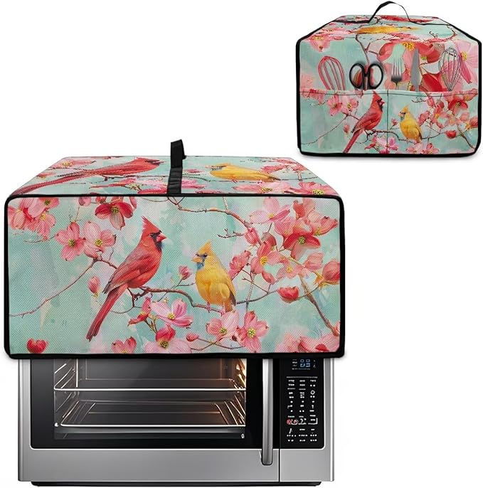 Cardinal Cherry Blossom Print Microwave Oven Cover Waterproof Dust-Proof Microwave Toaster Oven Cover with Storage Bags Universal Washable Decor Accessories for Kitchen, L