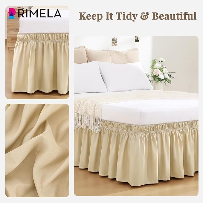 RIMELA Beige White Bed Skirt Queen Size 15 Inch Drop, Elastic Bed Skirting for Bed Base and Frame, Bedding Dust Ruffle Easy to Install, Lightweight Wrap Around Adjustable Bedskirt