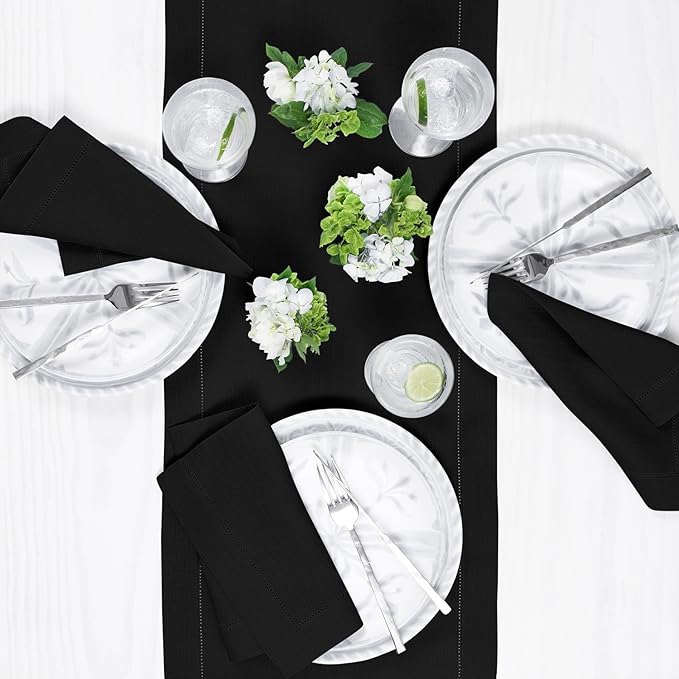 Solino Home Linen Black Table Runner 60 Inches - Classic Hemstitch, 100% Pure Linen Coffee Table Runner 14 x 60 Inch Ideal for Dresser Tables - Holiday, Christmas, New Year