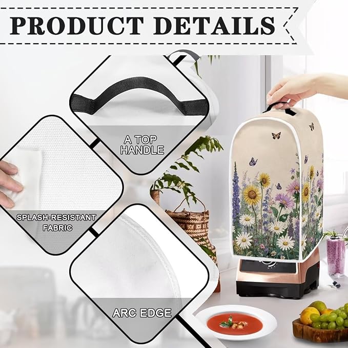 Talayituse Sunflower Daisy Lavender Butterfly Print Blender Dust Cover, Fingerprint Protection Cover for Stand Mixer or Coffee Machine, Home Kitchen Appliance Covers for Stain Dust Resistant Supplies