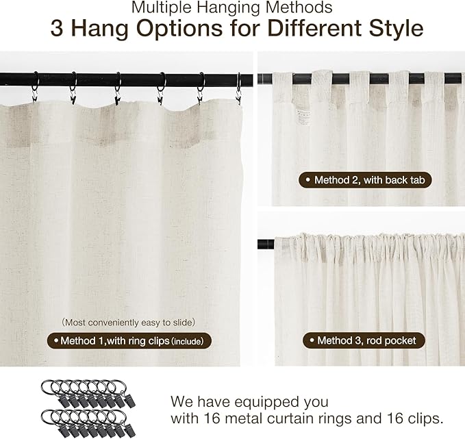 Anmao Natural Linen Curtains for Living Room 108 Inch Length 2 Panels Set, Light Filtering Semi Sheer Window Curtain Drapes for Bedroom with Curtain Rings and Clips, 52Wx108L, Ivory