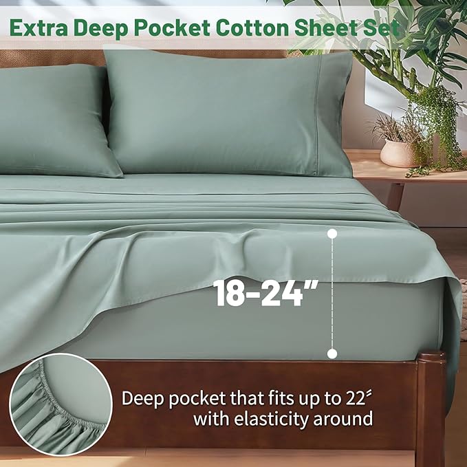 Extra Deep Pocket King Sheets 18-24 Inch 100% Egyptian Cotton 1000 Thread Count Sateen Weave Soft Breathable 4 Pieces（King，Sage Green）