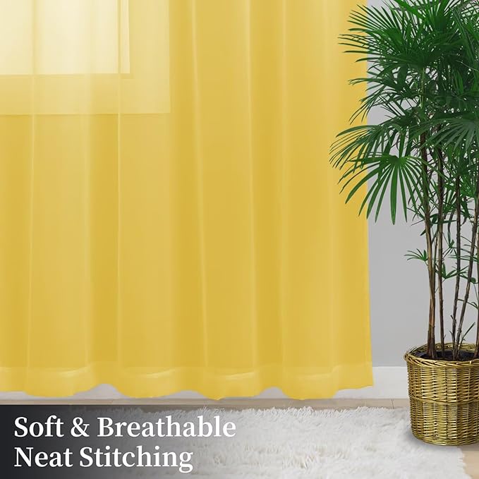 Sheer Curtains 45 Inches Long 2 Panels, Rod Pocket Short Curtain for Kitchen, Bedroom, Cafe Window(Yellow 38" W x 45" L)