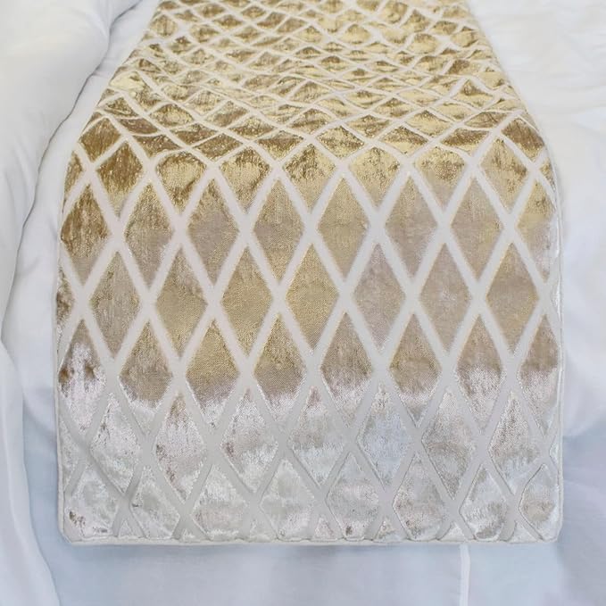 The HomeCentric King/Queen/Twin Ivory Decorative Bed Runner Queen 74"x18" Bed Runner with Two Pillow Cover, Diamond Pattern, Velvet Cut Bed Scarf on Velvet Fabric - Ivory Velvet Verve