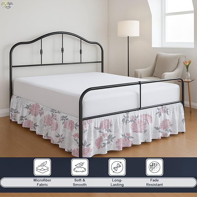 Cottington Lane Ruffled Bed Skirt King Size with Split Corner, Brushed Microfiber Hotel Quality Dust Ruffle, 18 Inch Drop Gathered Bedskirt, Soft, Stylish, Shrink & Fade Resistant, Blush Petals