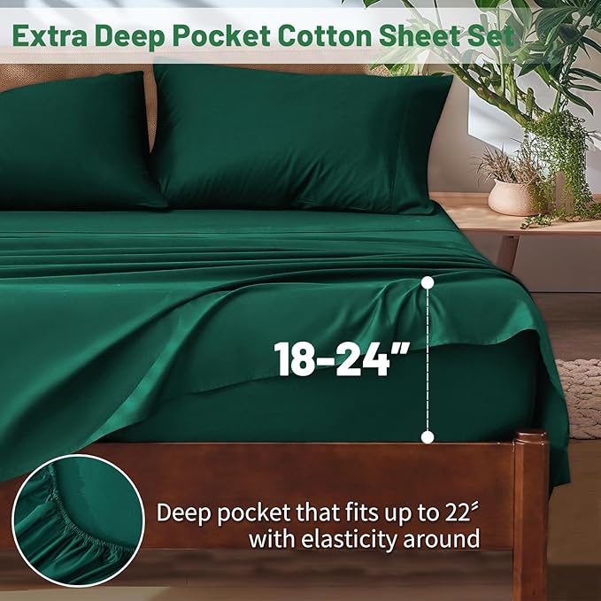 Extra Deep Pocket King Sheets 18-24 Inch 100% Egyptian Cotton 1000 Thread Count Sateen Weave Soft Breathable 4 Pieces（King，Dark Green）