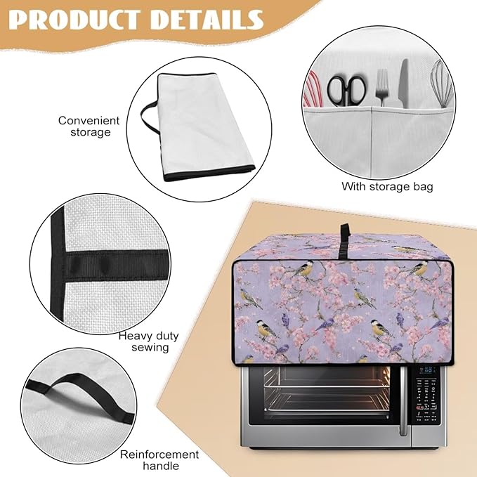 Dust-Proof Microwave Oven Grill Cover Protector Cherry Blossom Robin Bird Print Polyester-Linen Fabric Toaster Oven Dust Cover with Storage Bags Case Protections for Microwave Oven, M