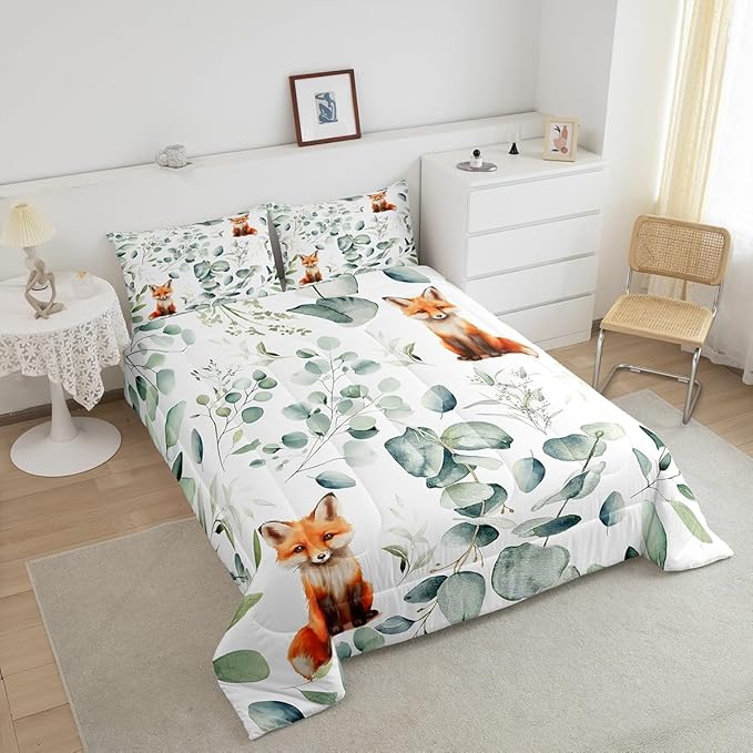 Erosebridal Girls Cartoon Animal Bedding King Size for Kids Toddler Kawaii Fox Comforter Set King, Woodland Wildlife Duvet Insert Jungle Wild Fox Quilt Set, Green Eucalyptus Bedding Comforters & Sets