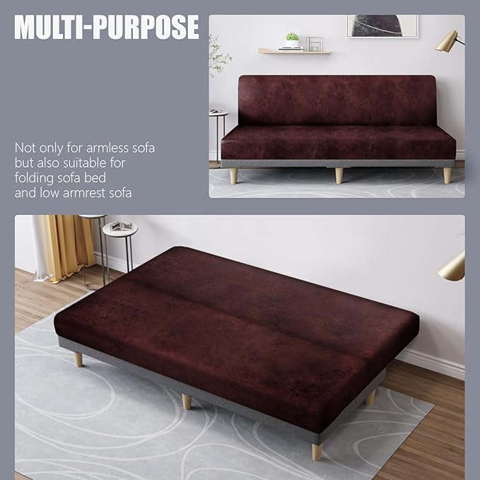 molasofa Leather Like Stretch Futon Slipcover Armless Futon Bed Sofa Cover Furniture Protector with Elastic Bottom, Soft and Washable Futon Cover for Sofa Bed Stay in Place（Larger，Red）