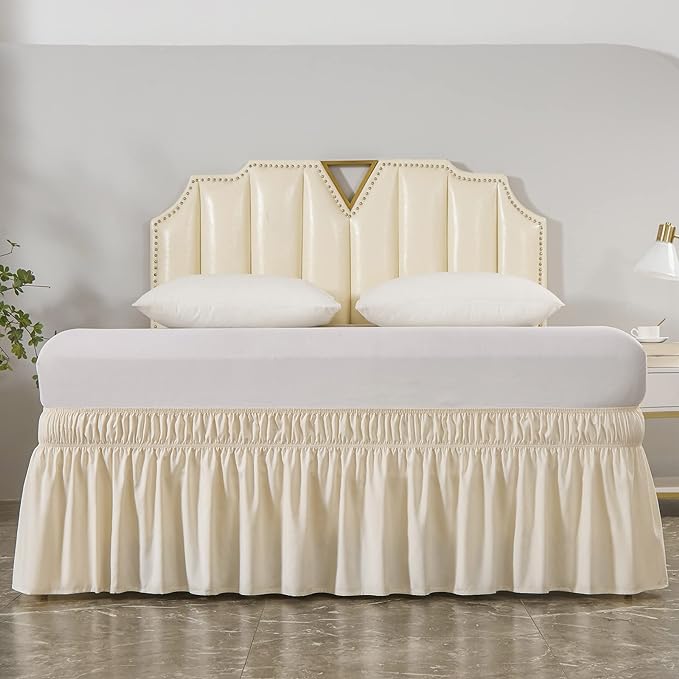 MEILA Wrap Around Bed Skirt Three Fabric Sides Elastic Dust Ruffled 14 Inch Tailored Drop,Easy to Install Fade Resistant-Beige, Queen/King